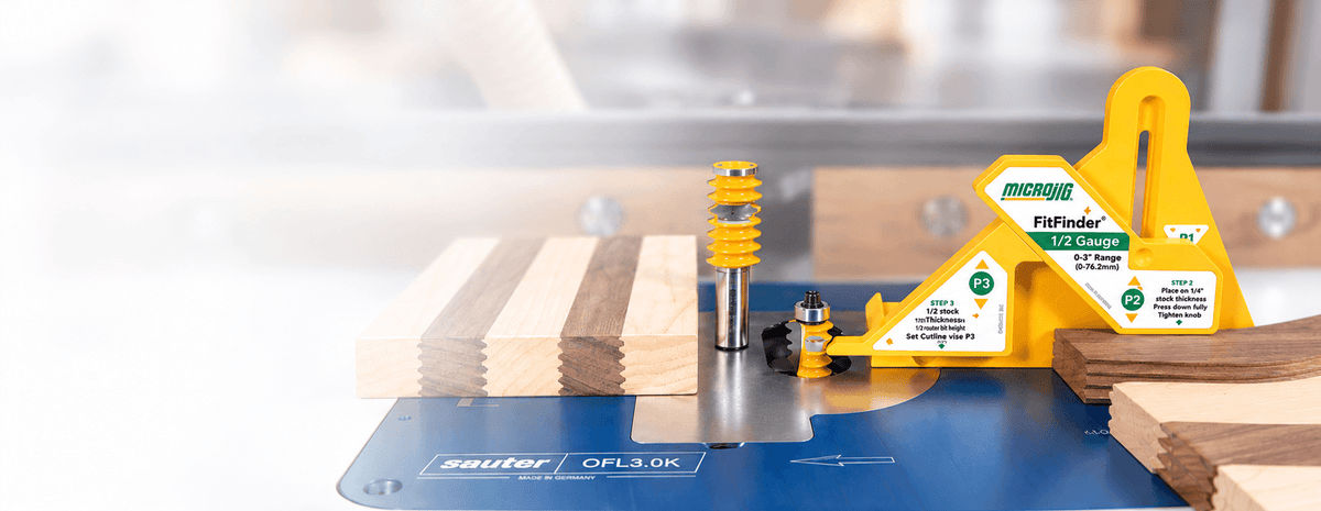 FITFINDER 1/2 Gauge with both Wave Decorative Jointing Bits on a router table